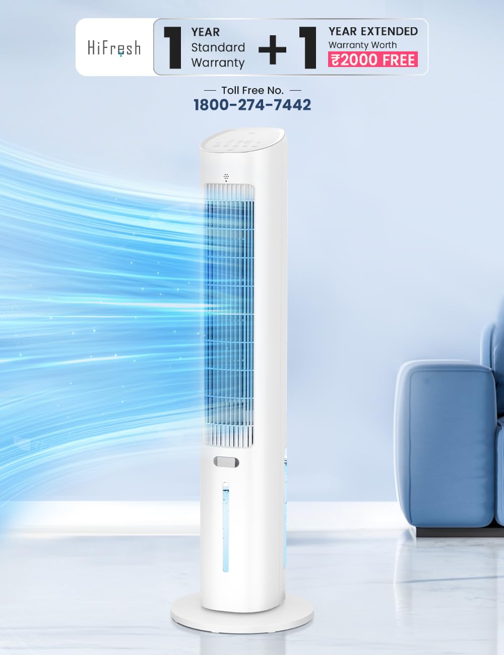 Hifresh 019L - Bladeless Tower Fan w/Aroma Diffuser, Touch & Remote, 4 Modes & 3 Speeds, 26Ft Air Throw, 12H Timer, 4 Ice Packs.