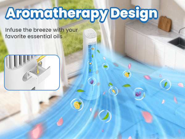 Hifresh 019L - Bladeless Tower Fan w/Aroma Diffuser, Touch & Remote, 4 Modes & 3 Speeds, 26Ft Air Throw, 12H Timer, 4 Ice Packs