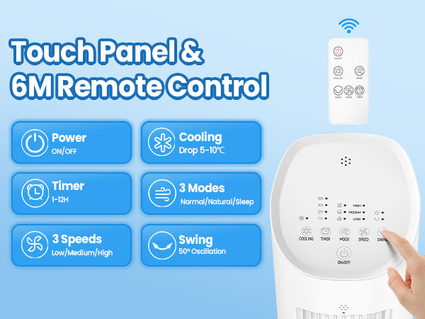 Hifresh 019L - Bladeless Tower Fan w/Aroma Diffuser, Touch & Remote, 4 Modes & 3 Speeds, 26Ft Air Throw, 12H Timer, 4 Ice Packs