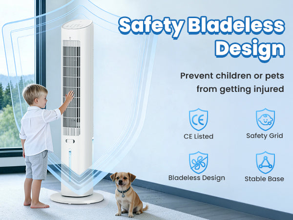 Hifresh 019L - Bladeless Tower Fan w/Aroma Diffuser, Touch & Remote, 4 Modes & 3 Speeds, 26Ft Air Throw, 12H Timer, 4 Ice Packs