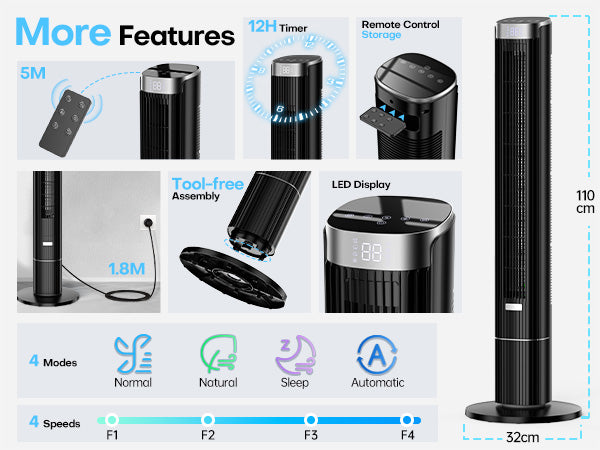 Hifresh 021HL - Bladeless Tower Fan with Remote & 12H Timer - Power Saving