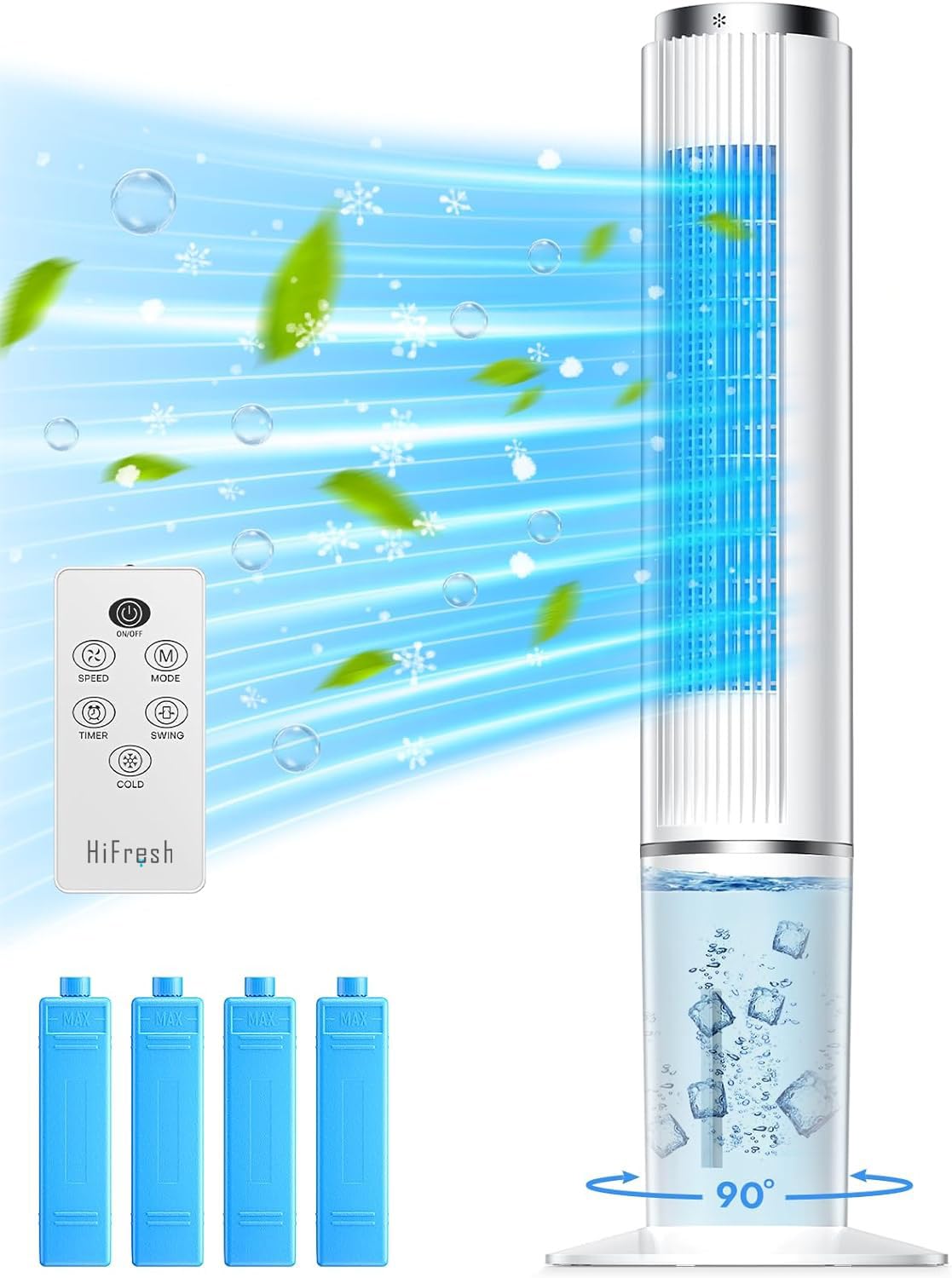 Hifresh 90R - 3 In 1 Tower Cooler Fan Humidifier - 3 Speed 4 Mode - 4 Ice Pack - Strong Air Flow