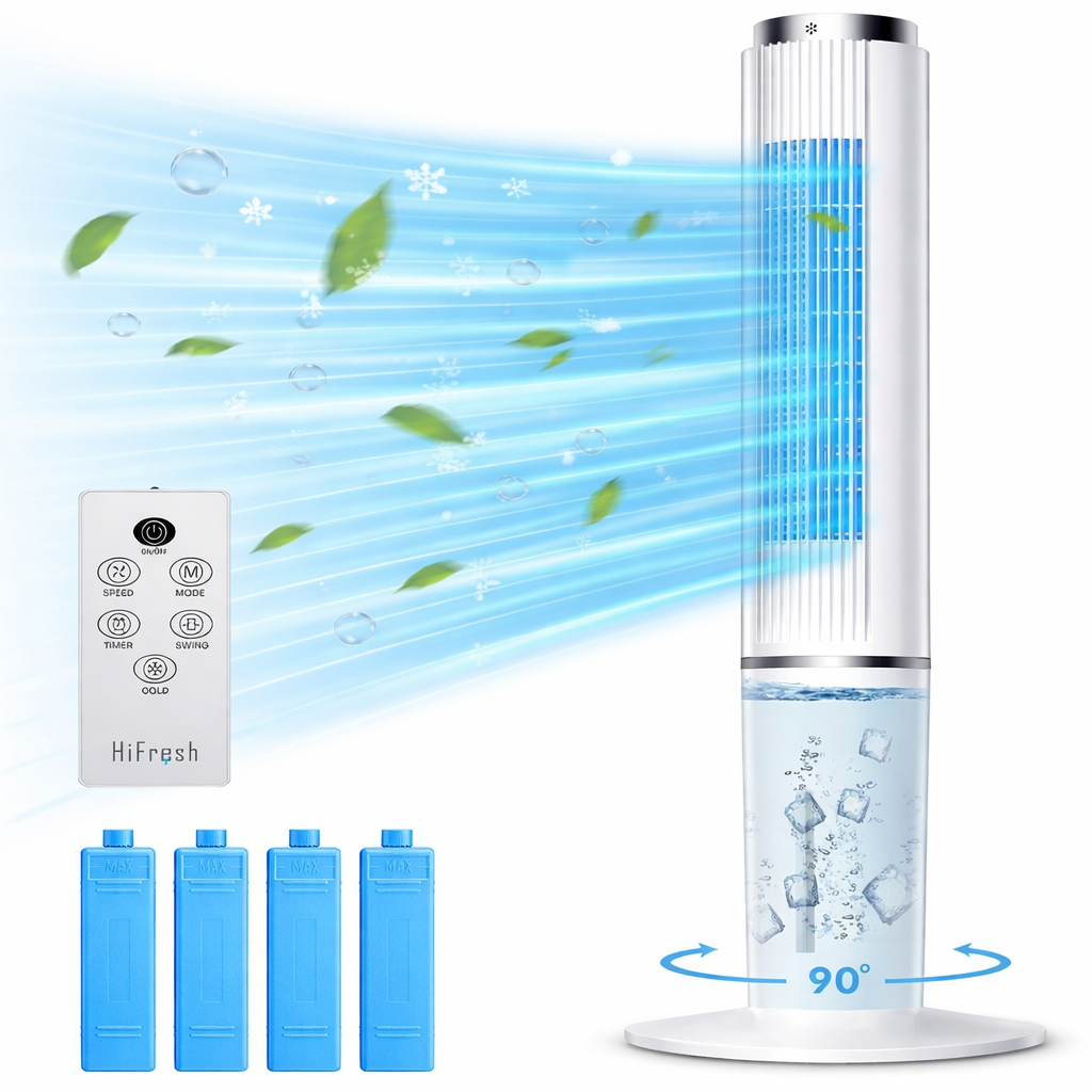 Hifresh 90R - 3 In 1 Tower Cooler Fan Humidifier - 3 Speed 4 Mode - 4 Ice Pack - Strong Air Flow