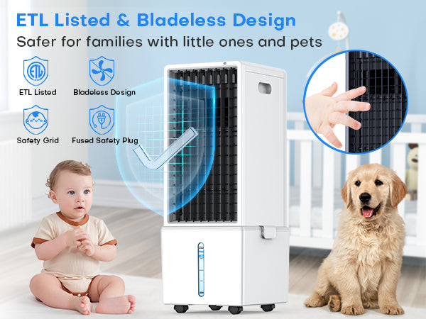 Portable air conditioner with safety features for children and pets, shown with a baby and dog.