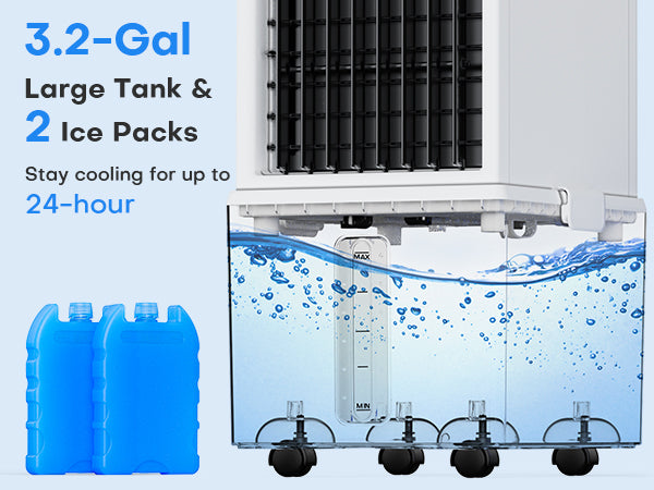 Ice maker with large tank and ice packs, showing cooling capacity.