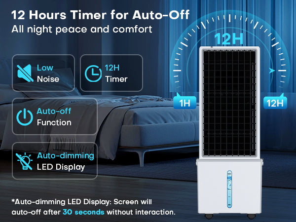 Air cooler with features highlighted in a bedroom setting