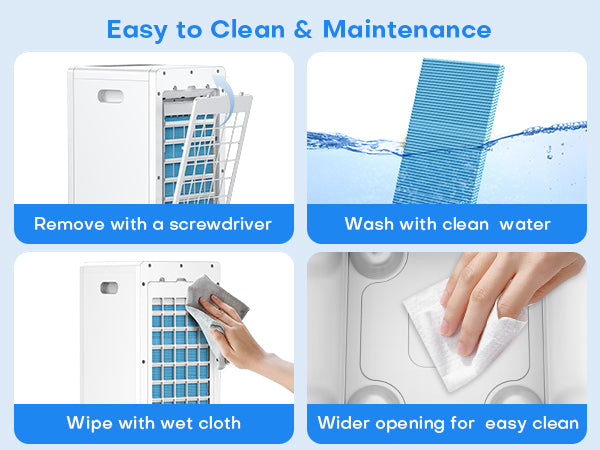 Steps to clean an air filter with text indicating ease of cleaning.