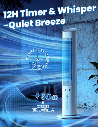Hifresh 019L - Bladeless Tower Fan w/Aroma Diffuser, Touch & Remote, 4 Modes & 3 Speeds, 26Ft Air Throw, 12H Timer, 4 Ice Packs
