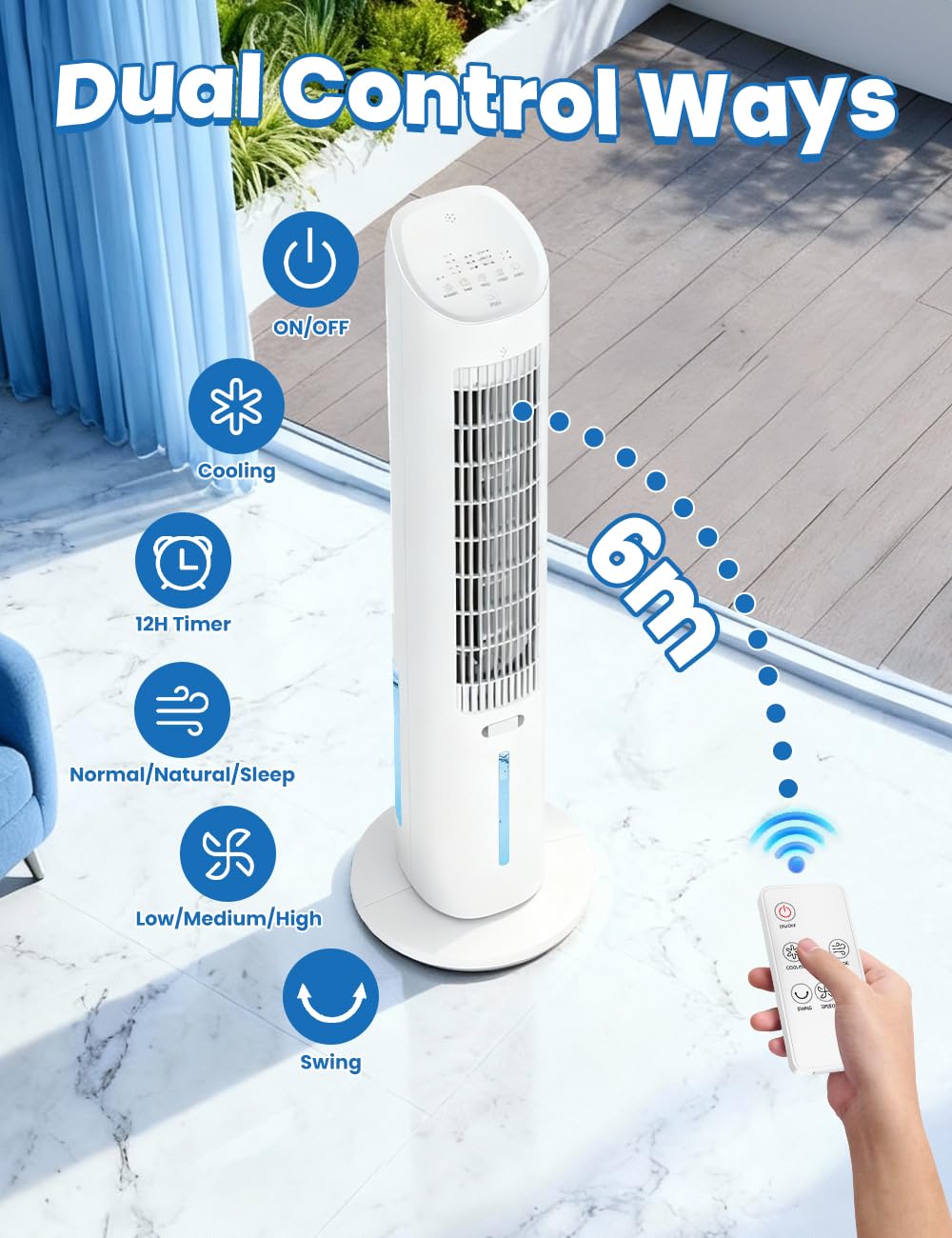 Hifresh 019L - Bladeless Tower Fan w/Aroma Diffuser, Touch & Remote, 4 Modes & 3 Speeds, 26Ft Air Throw, 12H Timer, 4 Ice Packs