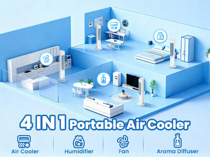 Hifresh 019L - Bladeless Tower Fan w/Aroma Diffuser, Touch & Remote, 4 Modes & 3 Speeds, 26Ft Air Throw, 12H Timer, 4 Ice Packs