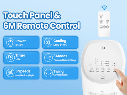 Hifresh 019L - Bladeless Tower Fan w/Aroma Diffuser, Touch & Remote, 4 Modes & 3 Speeds, 26Ft Air Throw, 12H Timer, 4 Ice Packs