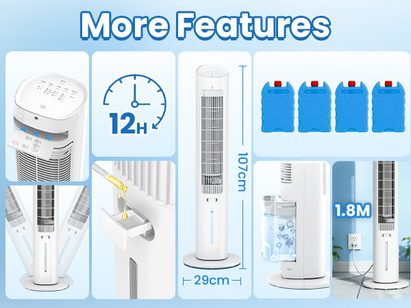 Hifresh 019L - Bladeless Tower Fan w/Aroma Diffuser, Touch & Remote, 4 Modes & 3 Speeds, 26Ft Air Throw, 12H Timer, 4 Ice Packs