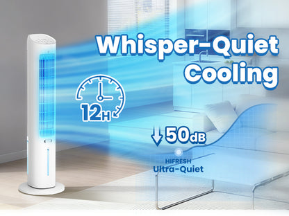 Hifresh 019L - Bladeless Tower Fan w/Aroma Diffuser, Touch & Remote, 4 Modes & 3 Speeds, 26Ft Air Throw, 12H Timer, 4 Ice Packs