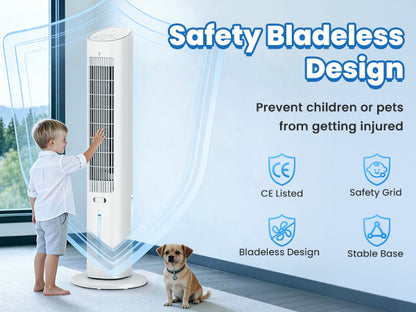 Hifresh 019L - Bladeless Tower Fan w/Aroma Diffuser, Touch & Remote, 4 Modes & 3 Speeds, 26Ft Air Throw, 12H Timer, 4 Ice Packs