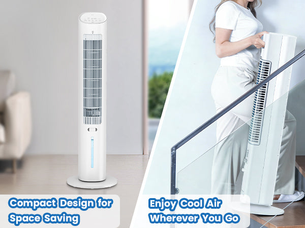 Hifresh 019L - Bladeless Tower Fan w/Aroma Diffuser, Touch & Remote, 4 Modes & 3 Speeds, 26Ft Air Throw, 12H Timer, 4 Ice Packs