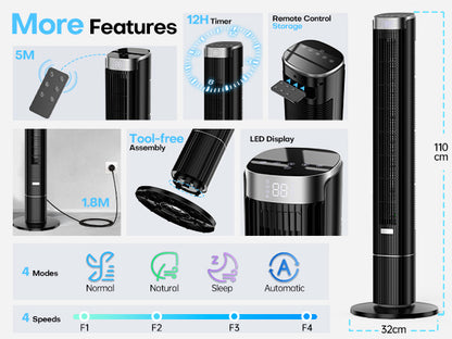 Hifresh 021HL - Bladeless Tower Fan with Remote & 12H Timer - Power Saving