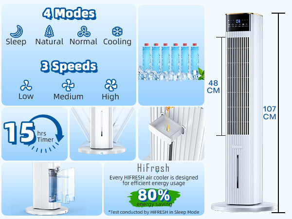 Hifresh 1030R - Portable Air Conditioner w/Remote & LED Touch Screen 4.2L Dual Tank Evaporative Air Cooler, Memory&Aroma Function