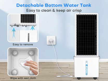 Illustration of an air cooler with detachable bottom water tank feature, showing ease of cleaning and maintenance.