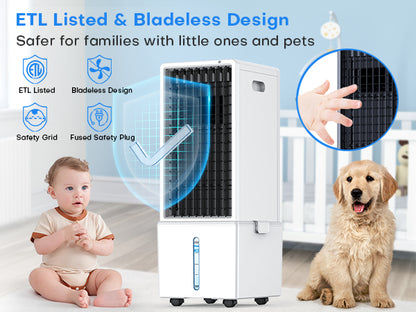 Portable air conditioner with safety features for children and pets, shown with a baby and dog.