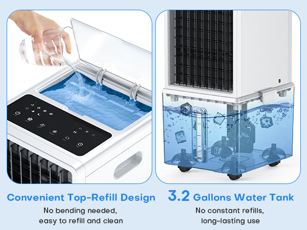 Portable air conditioner with water tank refill feature and text highlighting convenience and capacity.