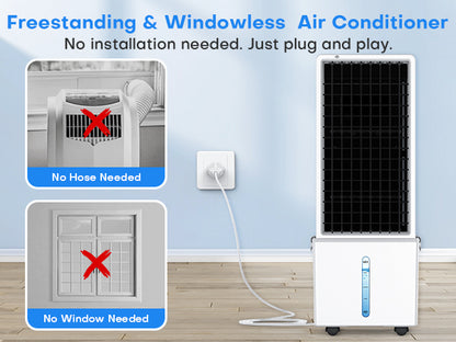 Freestanding air conditioner with text highlighting no installation and plug-and-play features.
