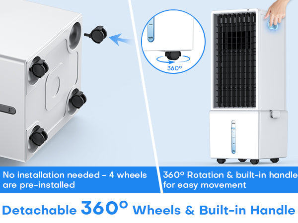 Portable air conditioner with detachable wheels and built-in handle