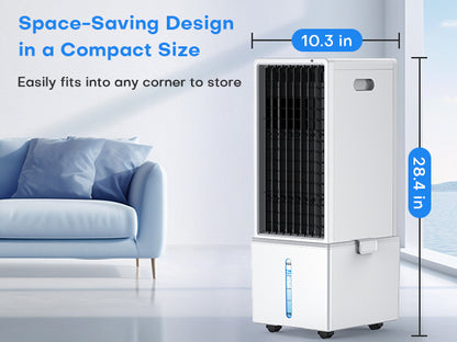 Portable air conditioner with dimensions labeled in a living room